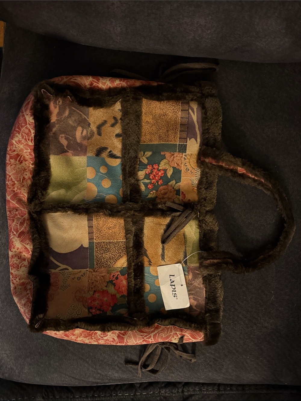 Lapis Patchwork Tote with Faux Fur Trim in Multicolor Patchwork